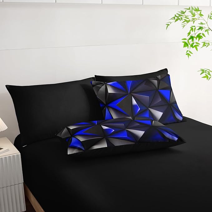Geometric Twin Comforter Set,Blue Black Honeycomb Bedding Set 7 Piece with Comforter Fitted Sheet Flat Sheet Pillowcases,Bed Sets Geometry Decor,Microfiber Lightweight All Season.
