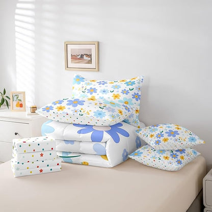 Feelyou Cute Flower 7 Piece Bedding Set King Size Kids Cartoon Cute Floral Bed in a Bag for Girls Teens Blue Yellow Comforter Set with Sheets Kawaii Bed Set