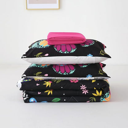 Girls Butterfly Comforter Set Queen Size Colorful Flowers Leaves Bedding Set for Kids Teens Adults Black 7 Piece Bed in A Bag Super Soft All Season