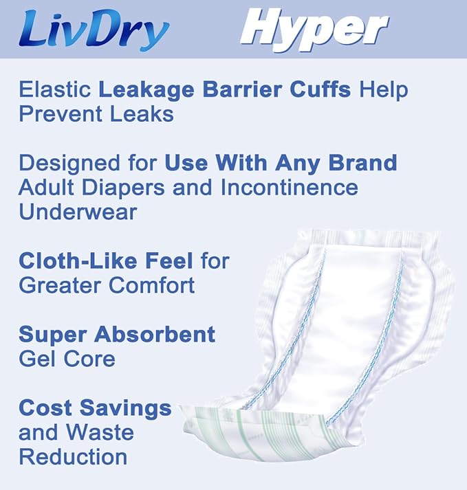 LivDry High Absorbency Pad Insert for Incontinence Briefs and Adult Diapers, Women and Men, Hyper 1600 (120 Count)