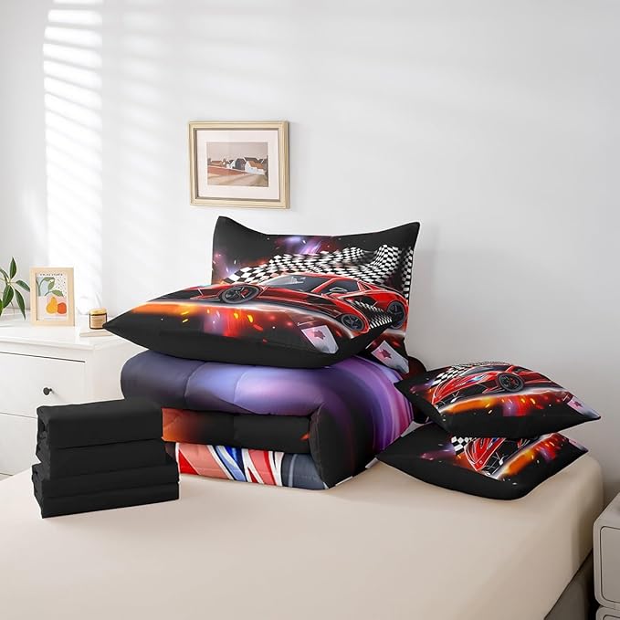 Feelyou Red Racing Car 7 Piece Bedding Set King Size Extreme Sport Comforter Set with Sheets for Kids Boys Girls Teens Toddler Fast and Furious Bed in a Bag Black White Flag Bed Set