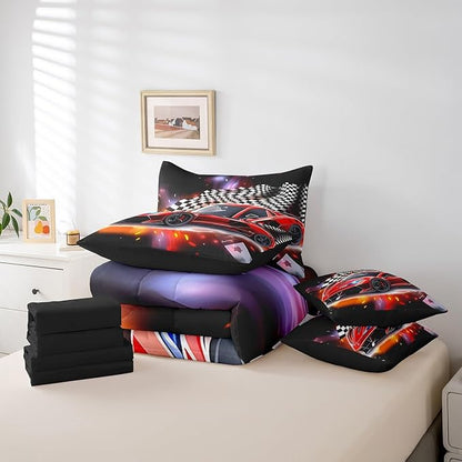 Feelyou Red Racing Car 7 Piece Bedding Set Twin Size Extreme Sport Comforter Set with Sheets for Kids Boys Girls Teens Toddler Fast and Furious Bed in a Bag Black White Flag Bed Set