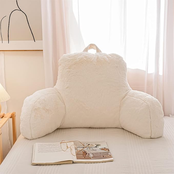 A Nice Night Faux Fur Reading Pillow Bed Wedge Large Adult Children Backrest with Arms Back Support for Sitting Up in Bed/Couch for Bedrest,Ivory,Large
