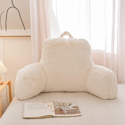 A Nice Night Faux Fur Reading Pillow Bed Wedge Large Adult Children Backrest with Arms Back Support for Sitting Up in Bed/Couch for Bedrest,Ivory,Large