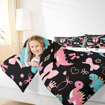Cute Dino Kids Comforter Set Toddler Size,Kawaii Bowknot Heart Princess Style Reversible Quilt Set for Boys Bedroom Decor,Pink Black Dinosaur Cartoon Animal Duvet Insert,1 Pillowcase