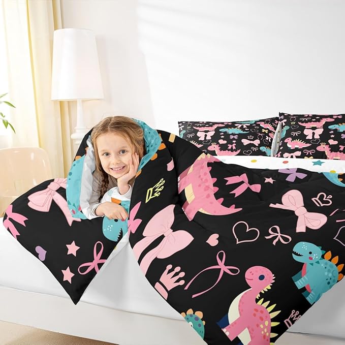 Cute Dino Kids Comforter Set Twin Size,Kawaii Bowknot Heart Princess Style Reversible Bedding Set for Teens Bedroom,Pink Black Dinosaur Cartoon Animal Quilted Duvet with 1 Pillowcase