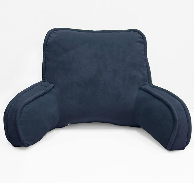 Super Soft Velvety Backrest Reading Bed Rest Pillow with Arms and Pockets 18" H for Sitting in Bed Couch Sofa, Back Support Wedge Cushion with Removable Cover, 20" x 18" x17", Navy