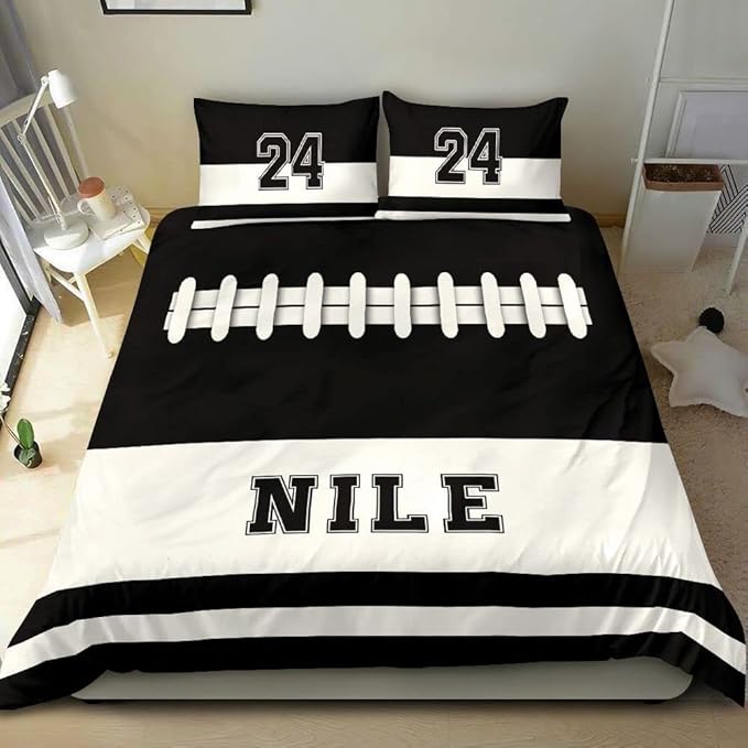 Personalized American Football Bedding Set, Kids 3 Piece Duvet Cover Set with Pillow Shams for Teens Boys, NO Comforter, Twin Size for Rugby Lovers (Football 19)