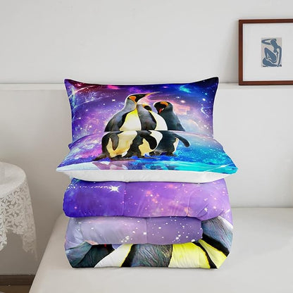Feelyou Penguin Comforter Set Galaxy Cartoon Penguin Bedding Set for Kids Boys Girls Funny Animal Printed Comforter Cute Polar Animal Pattern Colorful Quilt Set Room Decor 3Pcs Queen Size