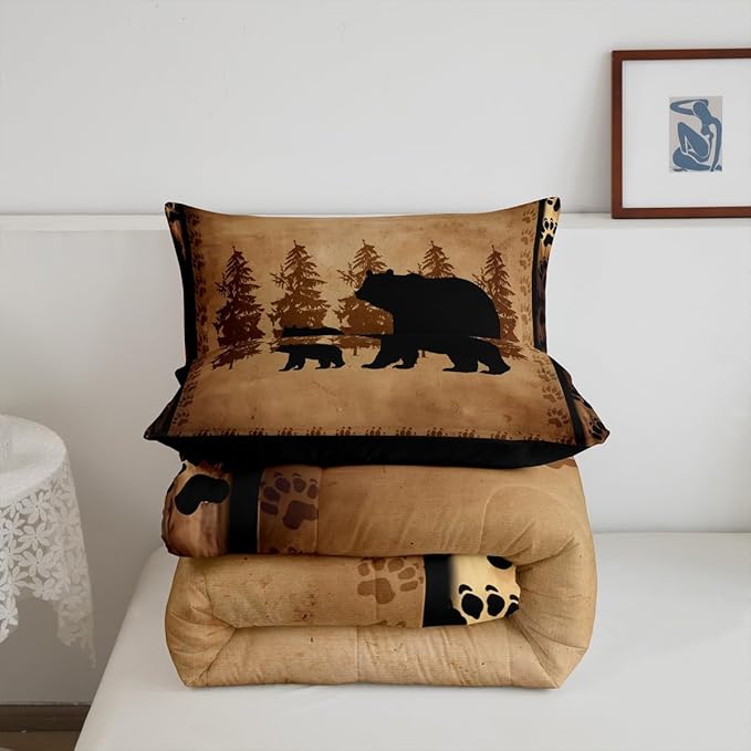 Feelyou Bear Comforter Set Toddler Size Farmhouse Wild Animal Comforter Retro Bear Family Bedding Set for Kids Boys Girls Brown Bear Paws Duvet Set Rustic Bedroom Decor Quilted Set 2Pcs