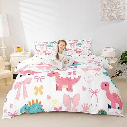 Cute Dino Duvet Cover Set Full Size,Kawaii Bowknot Heart Princess Style Reversible Quilt Cover with 2 Pillowcases,Pink Blue Dinosaur Cartoon Animal Breathable Bedding Set (NO Comforter), Soft