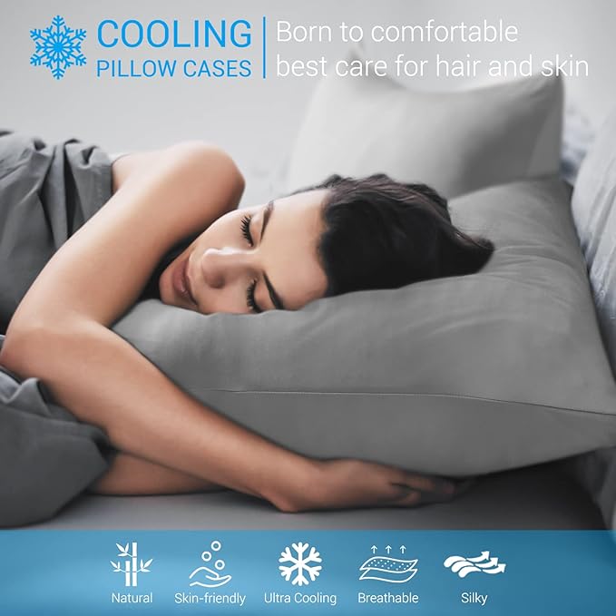Avolare 2 Pack Cooling Pillow Cases, Arc-Chill Q-max>0.5 Stretch Cooling Pillowcases for Hair Skin and Hot Sleepers, Soft Silky Summer Pillow Cover with Zipper for Standard & Queen Size Pillows - Gray