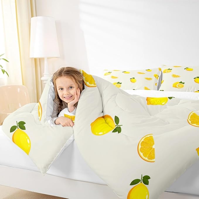 Lemon Comforter Set for Boys Girls Kids Teens,3-Pieces Yellow Fruit Print Bedding Comforter Full Size,Summer Cool Printed Quilt Set with 2 Pillowcases