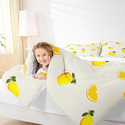 Lemon Comforter Set for Boys Girls Kids Teens,3-Pieces Yellow Fruit Print Bedding Comforter Full Size,Summer Cool Printed Quilt Set with 2 Pillowcases