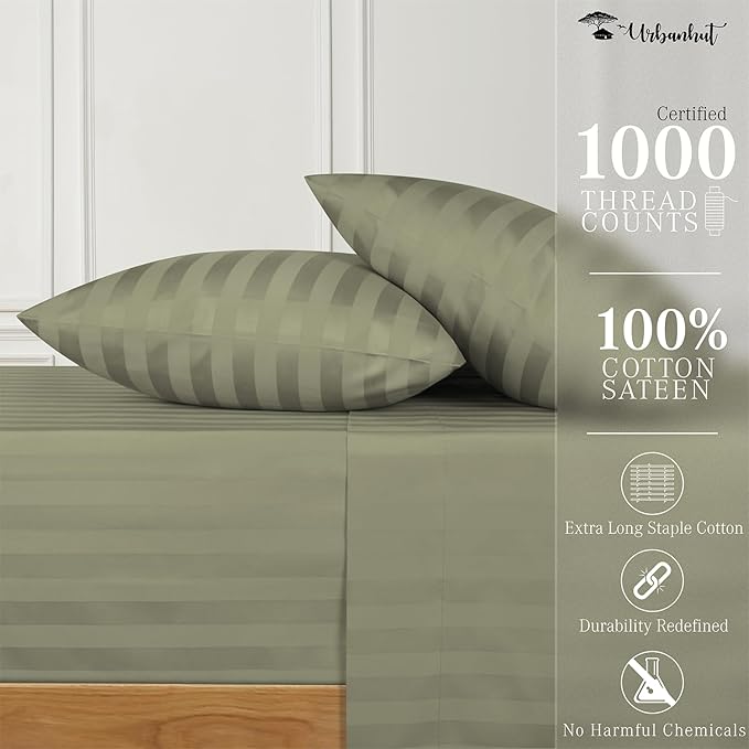 URBANHUT 1000 Thread Count Damask Striped Queen Size Egyptian Cotton Sheets, Long Staple Soft & Breathable, 4 Pc Bed Sheet Sets, Luxury Hotel Sateen Sheets Fits 16" Deep Pocket - Sage