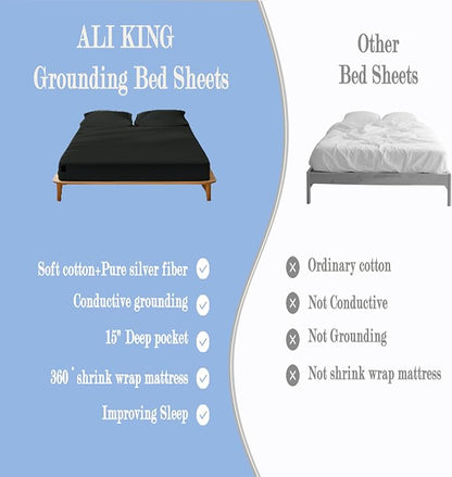 Ali King Grounding Sheets - Twin XL Size, Soft Cotton with Silver Fiber, 15'' Deep Pocket Earth Grounding Fitted Bed Sheets for Improved Sleep (Black, Twin XL 39''*80''*15'')