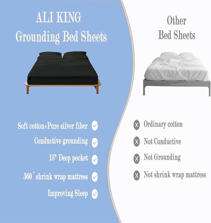 Ali King Grounding Sheets - Twin Size, Soft Cotton with Silver Fiber, 15'' Deep Pocket Earth Grounding Fitted Bed Sheets for Improved Sleep (Black, Twin 39''*75''*15'')