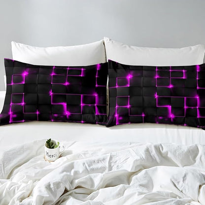 Castle Fairy Abstract Queen Duvet Cover Set, 3D Modern Square Plaid Grid Print Geometric Bedding Set 3pcs for Boys Teens Bedroom, Purple and Black Neon Light Lines Quilt Cover, 2 Pillowcases
