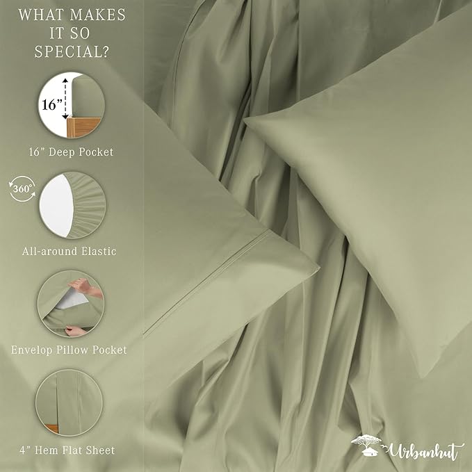 URBANHUT 1000 Thread Count Twin Sheets Egyptian Cotton for Twin Size Bedding Long Staple Soft & Breathable, 3 Pc Bed Sheet Sets, Luxury Hotel Sateen Weave Sheets Fits 16" Deep Pocket - Sage