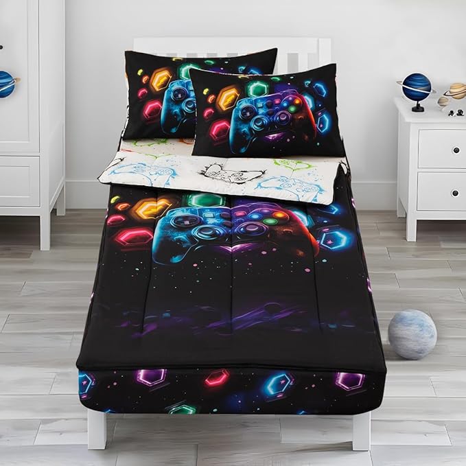 Holawakaka Kids Zipper Bedding Gaming Comforter Set, Boys Girls Twin Size Galaxy Gamer Print Zippered Bed Sets, Child Cartoon Dorm Zip Bed-in-A-Bag
