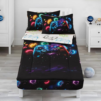Holawakaka Kids Zipper Bedding Gaming Comforter Set, Boys Girls Twin Size Galaxy Gamer Print Zippered Bed Sets, Child Cartoon Dorm Zip Bed-in-A-Bag