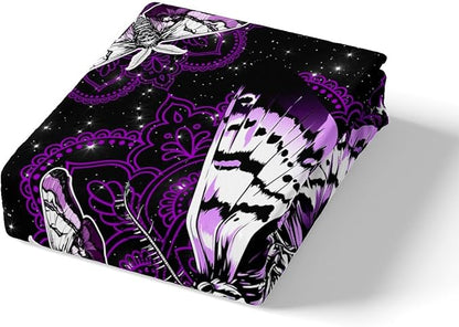 Castle Fairy Moth Skull Duvet Cover Set Twin Size,Gothic Butterfly Skeleton Comforter Cover for Kids Boys Bedroom Gift,Purple Mandala Stars Moon Bedding Set with 1 Pillowcase Bedspread