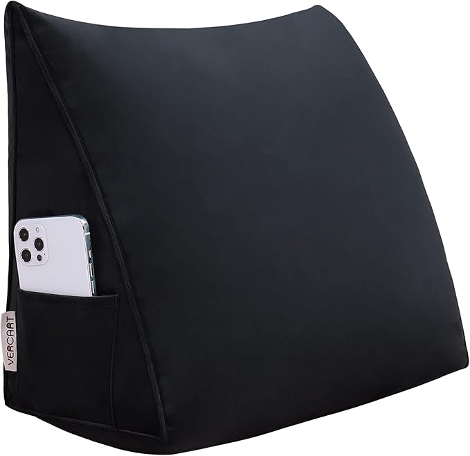 Triangular Reading Pillow Wedge Headboard Back Support Pillow for Sitting up in Bed Daybed Bolster Backrest Couch Sofa Corner Cushion Medium Velvet Black