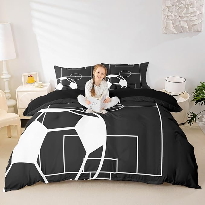 Football Field Print Duvet Cover Set King Size,Ball Sports Games Themed Comforter Cover with 2 Pillowcases,Black White Football Goal Sporting Equipment Modern Bedding Set for Adult Room Decor, 3pcs