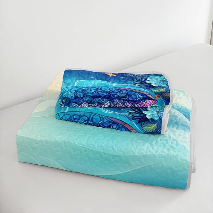 Blue Turtle Quilts Bedding Twin 3Pcs Watercolor Flower Tortoise Bed Set Ocean Animal Coral Seaweed Starfish Pattern Bedspread Coverlet with 2 Pillowcases for Kid Boy Girl Teen Adult Room Decor