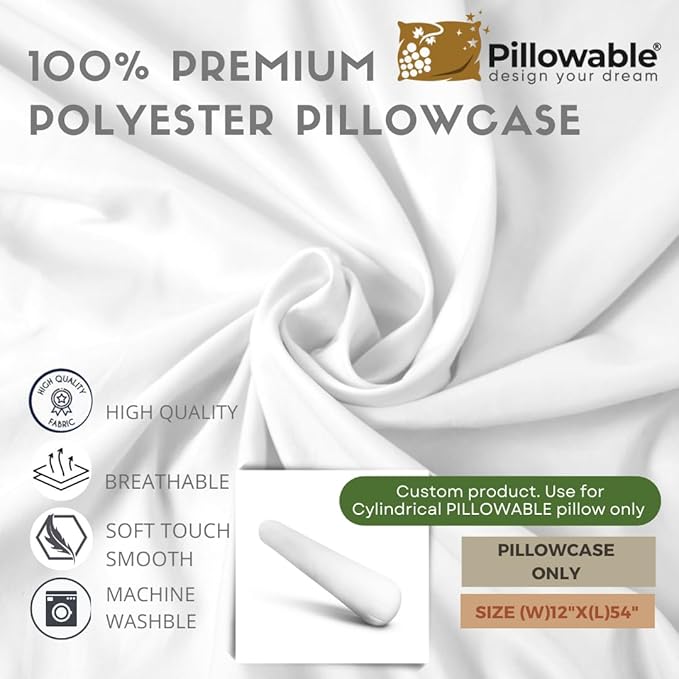 Case ONLY - White 54x12 inches Round Body Pillowcase - Cover Only - Zipper Pillowcase - 100% Brushed Microfiber - Bolster Pillow Cover - Fits Only Pillowable Round Body Pillow