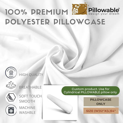 Case ONLY - White 54x12 inches Round Body Pillowcase - Cover Only - Zipper Pillowcase - 100% Brushed Microfiber - Bolster Pillow Cover - Fits Only Pillowable Round Body Pillow