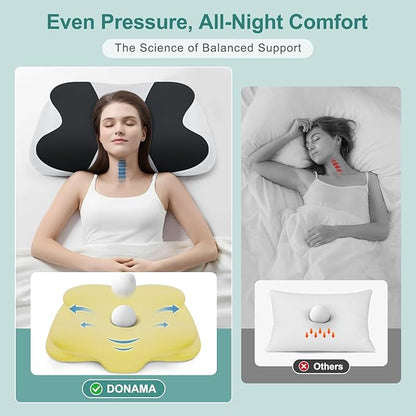 DONAMA Cervical Neck Pillow- Ergonomic Pillows for Pain Relief, Contour Memory Foam Pillow for Side/Back/Stomach Sleepers, CertiPUR-US Certified with Cooling Ice Silk Pillowcase