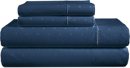 LANE LINEN 100% Egyptian Cotton Queen Sheet Set, 15 inch Deep Pocket, French Reinforced Pocket Seams for Soft, Comfy & Fresh Bed Eco Friendly Cooling Sheets Queen - Swiss Dot Estate Blue