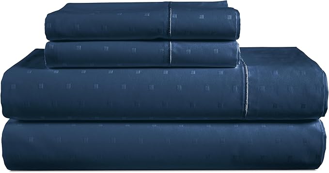 LANE LINEN 100% Egyptian Cotton Full Size Bed Sheets, Long Staple Mercerized Cotton Bedding Sheets, Thick 16 inch Deep Pocket Full Sheet Set, Reinforced French Seams Jaquard Swiss Dot -Estate Blue