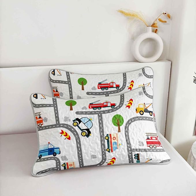 AILONEN Boys Kids Cartoon Truck Quilt Set Twin Size, Soft Microfiber,Construction Trucks Bedspread Coverlet 3Pcs,Car Road Pattern Bed Cover,2 Pillowcases