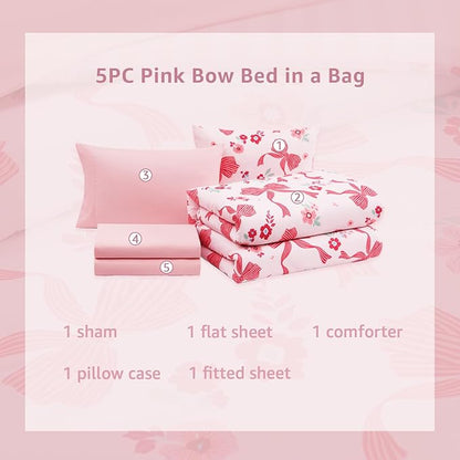 Twin XL Comforter Set for Girls, Pink Bow Bedding Set with Cute Floral, All Season Kids Dorm Bed in a Bag 5 Pieces with Sheets, Pillowcase & Sham