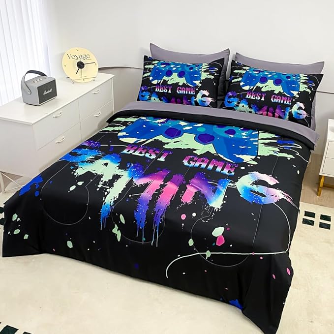 Wajade Gaming Comforter Set Twin Size Bed in a Bag for Boys and Girls, 7 Pieces Kids 3D Video Game Controller Printed Bedding Set Includes Comforter, Flat Sheet, Fitted Sheet, Two Pillowcases & Shams
