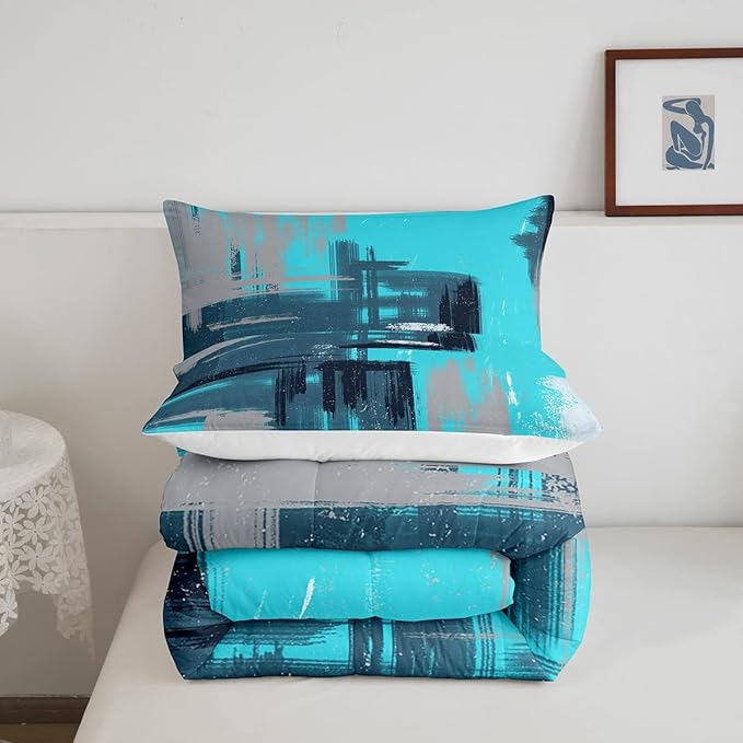 Abstract Comforter Modern Abstract Art Comforter Set for Boys Girls Children Teal Blue Pattern Bedding Set Room Decor Toddler Size Duvet Set 2Pcs