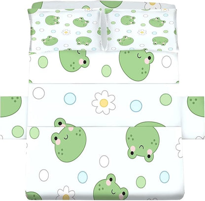 Frog Sheets Set Twin: Kawaii Flower Frogs Bedding for Kids Girls Teens Bedroom Bed - 1 Flat Sheet, 1 Fitted Sheet, 1 Pillowcase