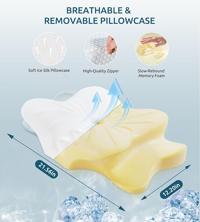 Cervical Memory Foam Pillow for Neck and Shoulder, Ergonomic Contour Cervical Pillow for Sleeping with 2 Heights, Cooling Neck Support Pillows for Side Back Stomach Sleeper Standard Size Blue