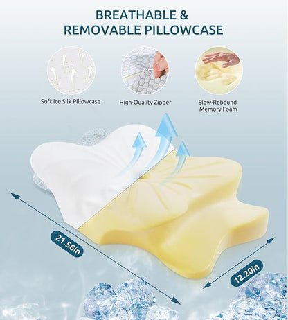 Cervical Memory Foam Pillow for Neck and Shoulder, Ergonomic Contour Cervical Pillow for Sleeping with 2 Heights, Cooling Neck Support Pillows for Side Back Stomach Sleeper Standard Size Blue