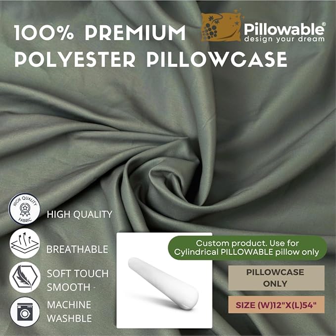 Case ONLY - Grey 54x12 inches Round Body Pillowcase - Cover Only - Zipper Pillowcase - 100% Brushed Microfiber - Bolster Pillow Cover - Fits Only Pillowable Round Body Pillow