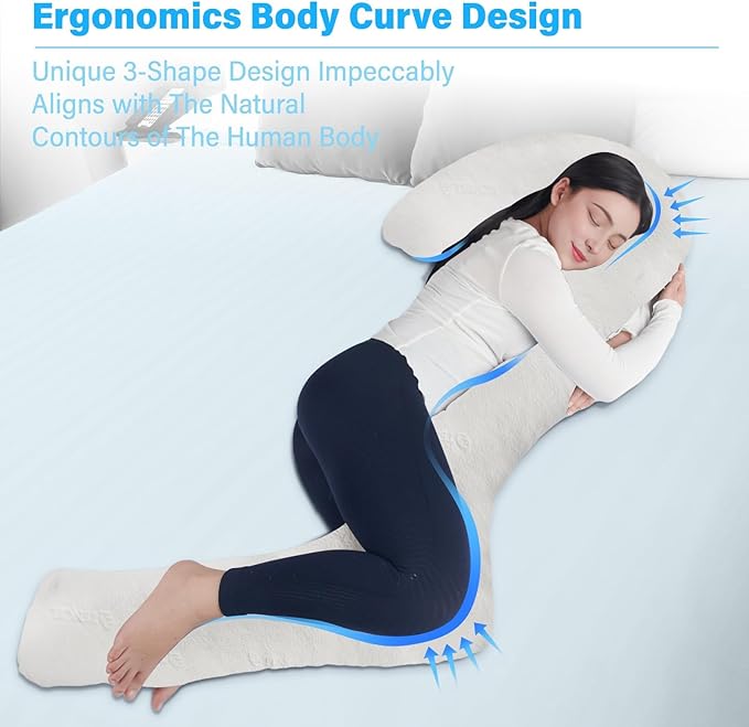 Body Pillow with Cover, 68 Inches Memory Foam Full Body Pillow for Side Sleeper, Long Pregnancy Pillow with Contour Support for Back, Knee, Leg Relief - Medium White