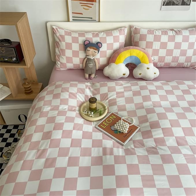 Wellboo Pink White Plaid Comforter Sets California King Women Men Bean Pink and White Checkerboard Grid Bedding Comforters Cal King Cotton Boys Girls Modern Dusty Pink Checkered Geometric Quilts