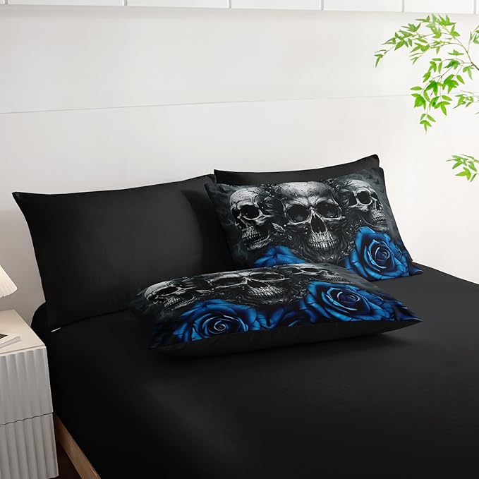 Black Skull Comforter Set 7 Piece King Size Bed in A Bag,Goth Bedding for Room Decor,Soft Western Comforter Boho Hippie Bedding with Fitted Sheet,Flat Sheet, Pillowcases & Shams