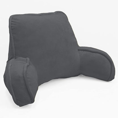 Super Soft Velvety Backrest Reading Bed Rest Pillow with Arms and Pockets 18" H for Sitting in Bed Couch Sofa, Back Support Wedge Cushion with Removable Cover, 20" x 18" x17", Dark Gray