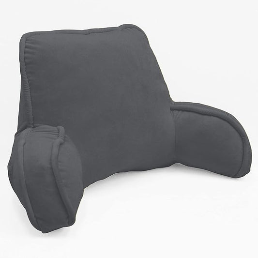 Super Soft Velvety Backrest Reading Bed Rest Pillow with Arms and Pockets 18" H for Sitting in Bed Couch Sofa, Back Support Wedge Cushion with Removable Cover, 20" x 18" x17", Dark Gray