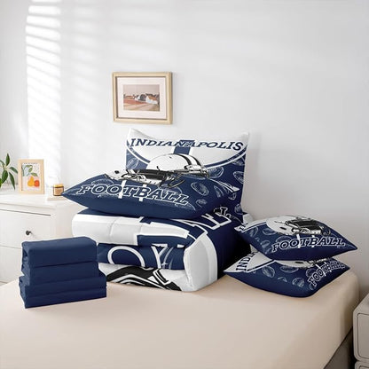 Feelyou Football Queen Comforter Set with Sheets for Kids Boys Girls Ball Games 7 Pieces Bedding Set Rugby Bed in a Bag City of Footballs Room Decor Rugby Sports Soft Lightweight