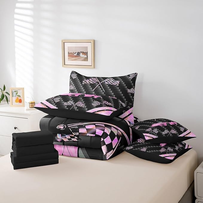 Feelyou Pink Race Car 7 Piece Bedding Set Full Size Extreme Sports Comforter Set with Sheets for Kids Teens Adult Fast and Furious Bed in a Bag Dazzling Flag Bed Set