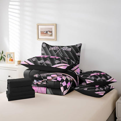 Feelyou Pink Race Car 7 Piece Bedding Set Full Size Extreme Sports Comforter Set with Sheets for Kids Teens Adult Fast and Furious Bed in a Bag Dazzling Flag Bed Set